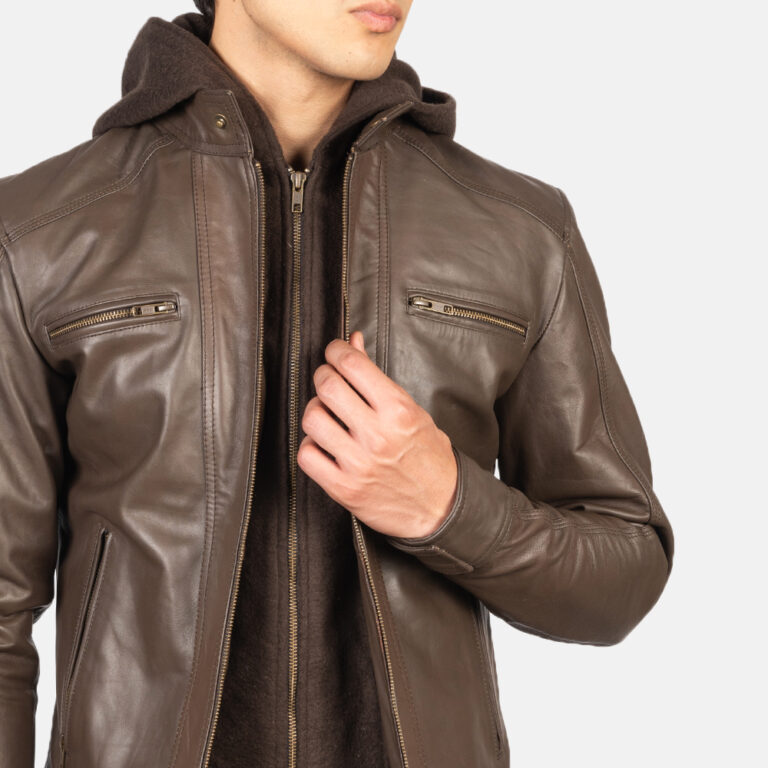 Mens Hector Brown Hooded Leather Biker Jacket Close-Up-9-1634131668597